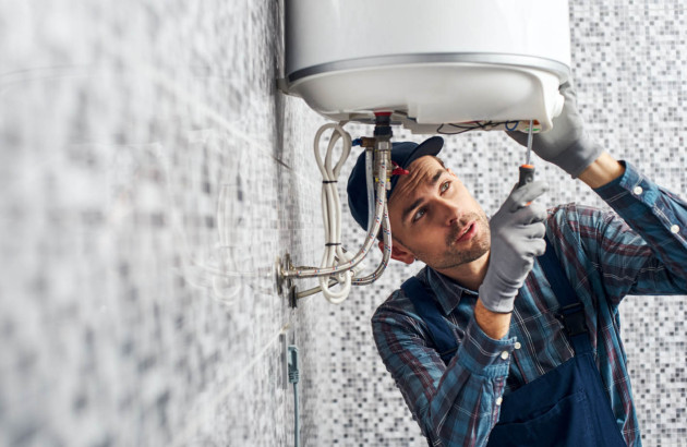 Artisan qui réalise de la maintenance sur un ballon d'eau chaude