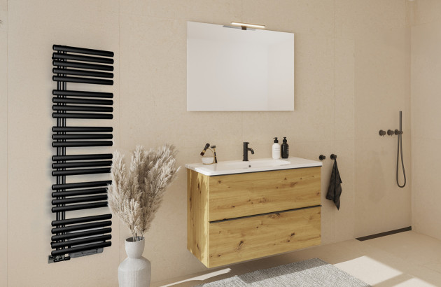 Petite salle de bains lumineuse avec meuble vasque suspendu et décoration naturelle.