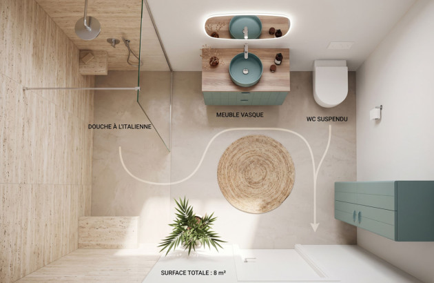 Vue de dessus d’une salle de bains de 8 m² avec annotations des équipements : douche à l’italienne, meuble vasque et WC suspendu.