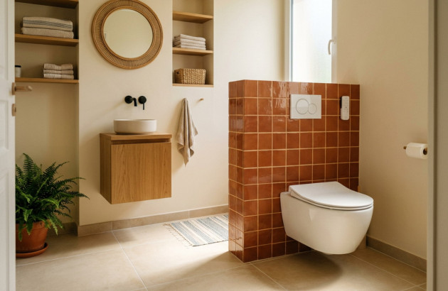WC lavant suspendu avec commande à distance dans une salle de bains aux tons naturels.