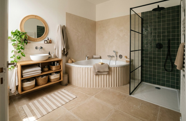 Salle de bains spacieuse avec baignoire d’angle, douche à l’italienne et meuble vasque en bois.