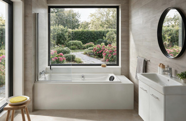 Baignoire-douche avec pare-baignoire face au jardin.