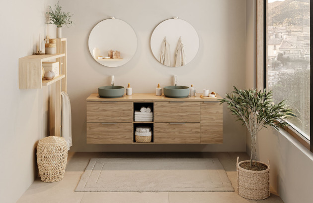 Meuble double vasque en bois dans une salle de bains style scandinave