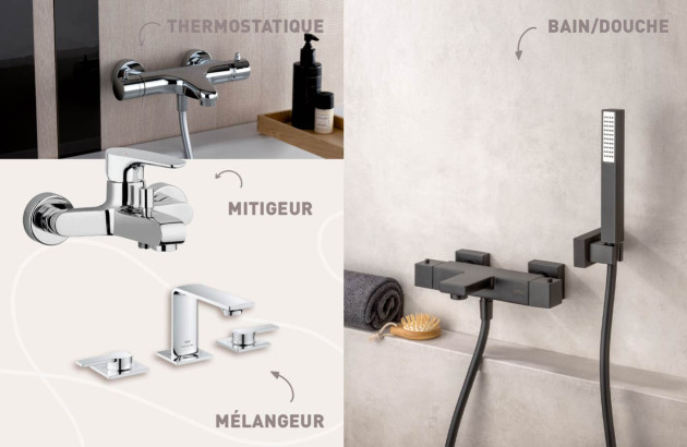 Robinet mitigeur thermostatique Païni Parallele 2, robinet mitigeur mécanique Païni Parallele 2, robinet mélangeur Grohe Allure 5, robinet bain/douche Païni Puma