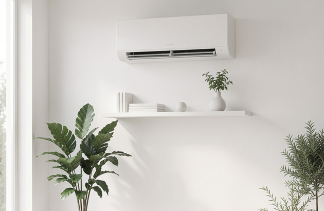 Climatiseur mural blanc intégré discrètement dans un intérieur minimaliste et contemporain.