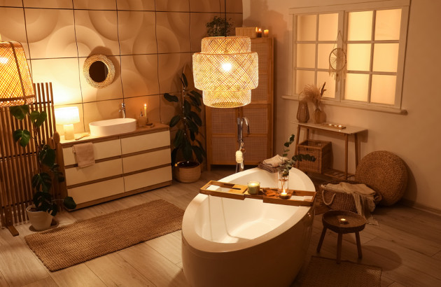 Salle de bains ambiance spa avec des accessoires et des plantes