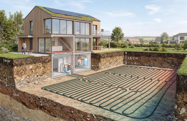 Schéma d'une maison équipée d'une pompe à chaleur géothermique avec capteurs enterrés