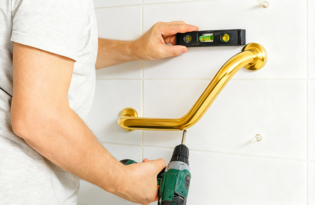 Installation d’une barre d’appui murale dorée dans une salle de bains à l’aide d’un niveau