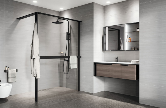 salle de bain moderne avec paroi de douche noire