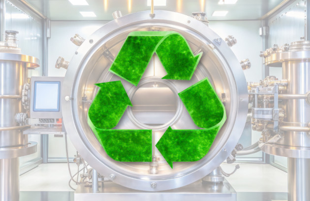 Symbole de recyclage vert devant un équipement industriel en acier inoxydable, illustrant une démarche environnementale et durable.