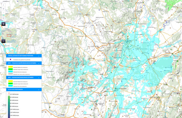 Carte du potentiel géothermique et des installations de géothermie profonde en Bourgogne-Franche-Comté.