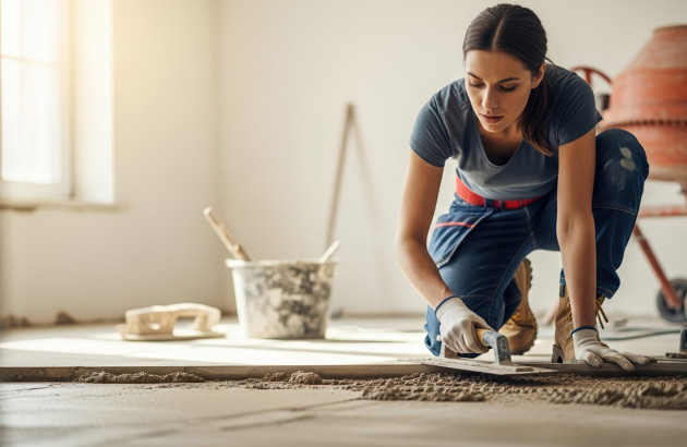 Carreleuse qui utilise un peigne pour étaler le mortier colle au sol