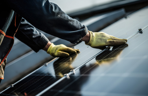 Technicien installant un panneau solaire sur une toiture résidentielle