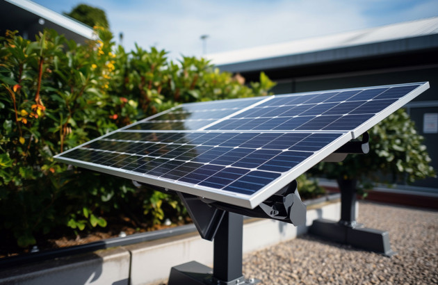 Panneau solaire photovoltaïque installé au sol dans un jardin résidentiel
