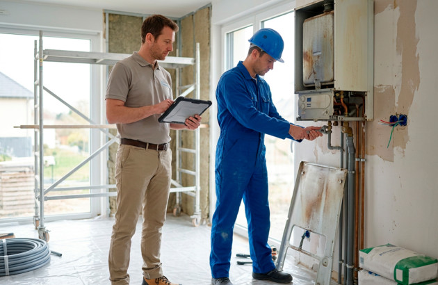 Professionnels intervenant sur un système de chauffage lors de travaux de rénovation énergétique d’un logement.