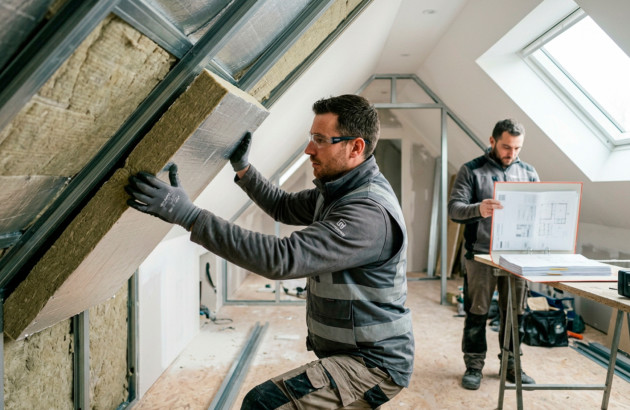Artisan installant des panneaux isolants sous les combles dans le cadre d’une rénovation énergétique.
