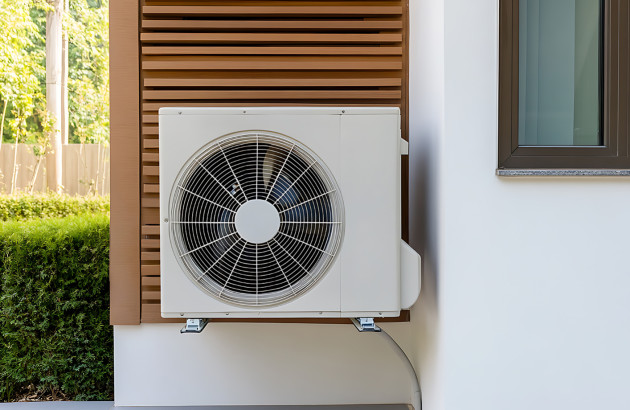 Unité extérieure de climatisation fixée sur une façade, ventilateur apparent.