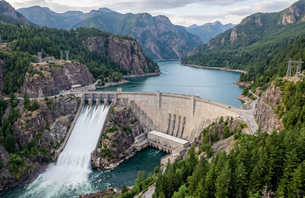 Barrage hydroélectrique au cœur d'une vallée montagneuse produisant une énergie renouvelable