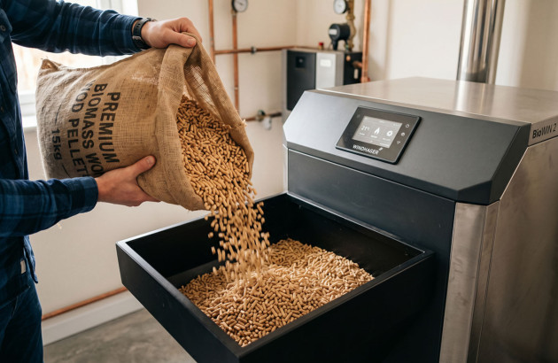Chargement de granulés de bois dans une chaudière à pellets domestique