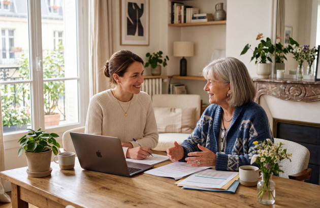 Conseillère échangeant avec une cliente à domicile pour un projet de rénovation.