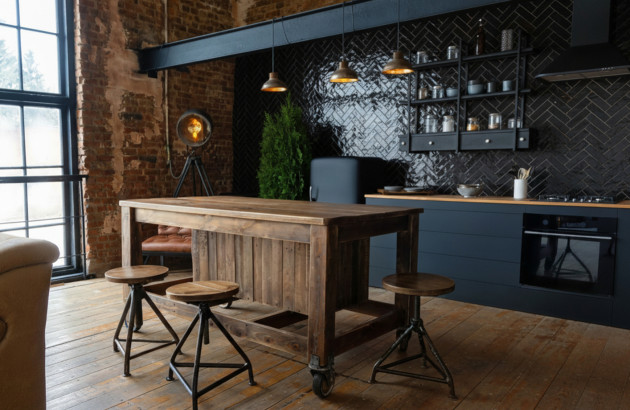 Cuisine style industriel avec mur en zellige noir en chevrons et îlot en bois.
