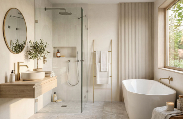 Salle de bains lumineuse avec baignoire îlot et douche vitrée contemporaine