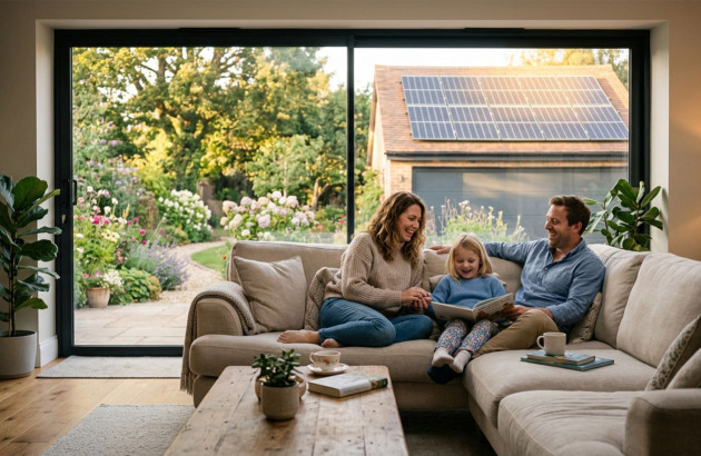 Famille qui profite de son salon géré automatiquement par un système domotique et alimenté par des panneaux solaires disposés sur le toit du garage.