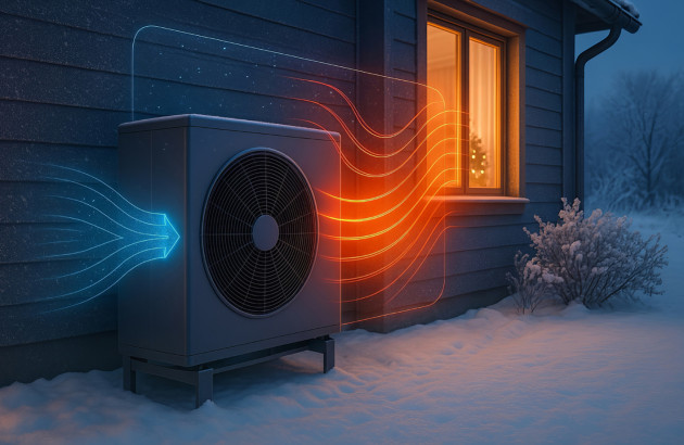 Illustration du fonctionnement d’une pompe à chaleur captant les calories de l’air extérieur en hiver.