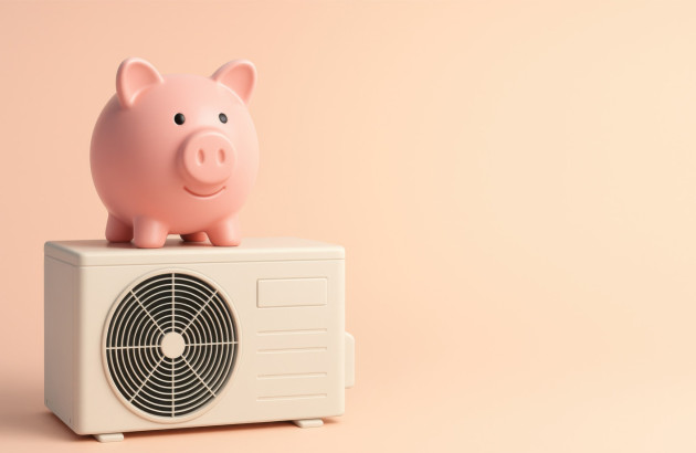 Illustration du coût d’une climatisation avec une tirelire posée sur une unité extérieure.
