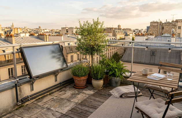 Terrasse d'immeuble avec un panneau qui capte les rayons solaires
