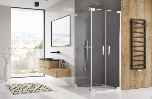 Cabine de douche vitrée dans une salle de bains contemporaine