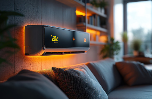 Climatisation réversible moderne diffusant une chaleur douce dans un salon contemporain.