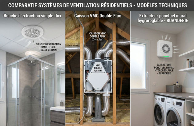 Comparatif entre bouche simple flux, VMC double flux et extracteur mural pour pièces humides.