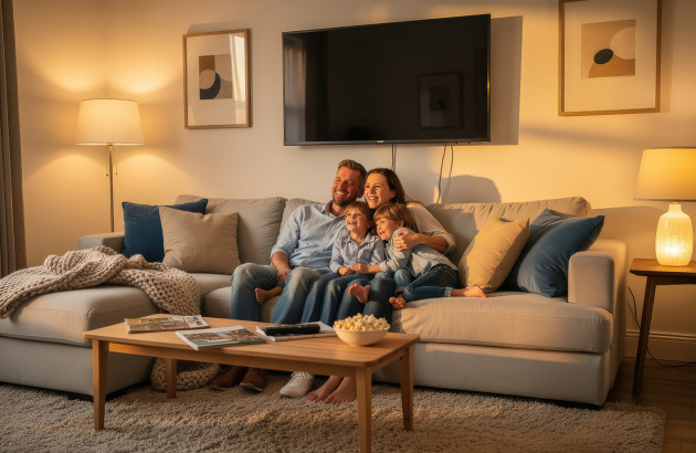 Famille profitant d’un salon chauffé et confortable pendant la soirée.