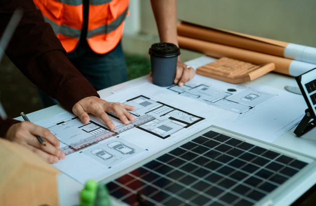 Personne qui réalisent des plans pour trouver l'emplacement idéal où installer des panneaux solaires