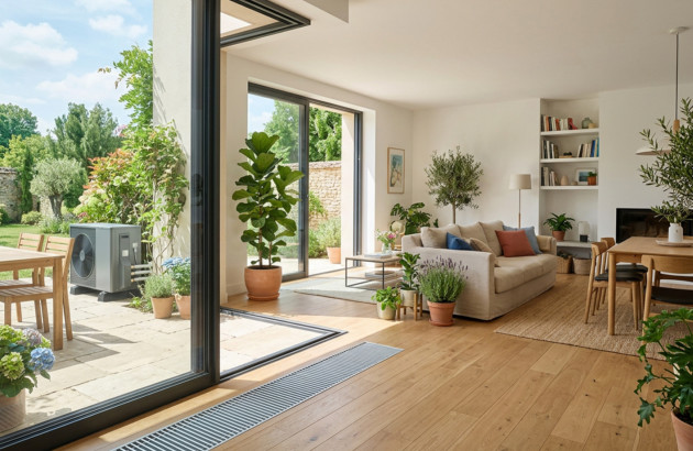 Intérieur de maison moderne chauffée par une pompe à chaleur avec grande baie vitrée ouverte sur le jardin