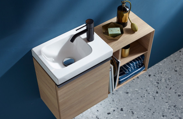 Lave-mains gain de place avec meuble compact en bois pour petite salle d’eau