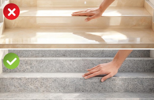 Comparaison entre un escalier en carrelage beige brillant et un escalier gris à finition mate, illustrant le choix d’un revêtement moins glissant.