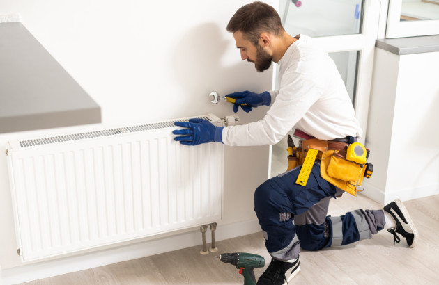 Technicien effectuant une intervention sur un radiateur blanc avec une clé et des outils de maintenance.