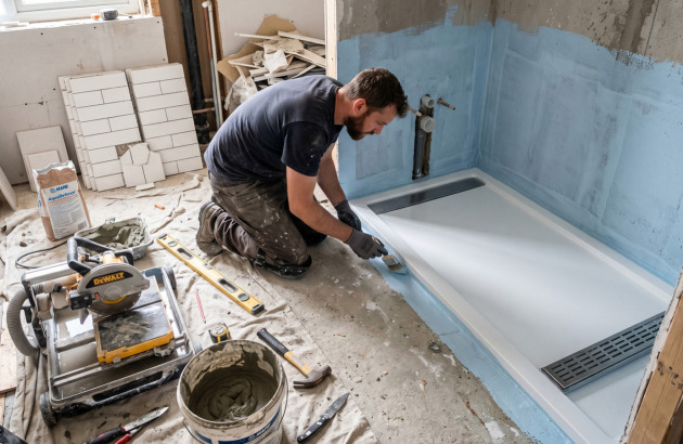Artisan installant un receveur de douche lors d’une rénovation.