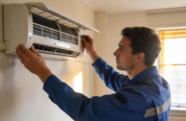 Technicien réalisant l’entretien d’une unité intérieure de climatisation murale dans un logement.