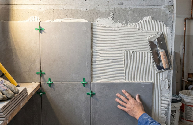 Pose de carrelage mural grand format avec application de colle et croisillons de nivellement.