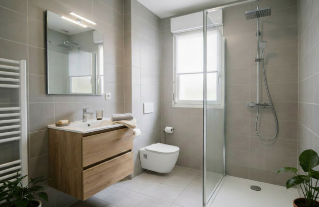 Petite salle de bains optimisée avec meuble vasque en bois, lave-linge intégré et baignoire compacte.