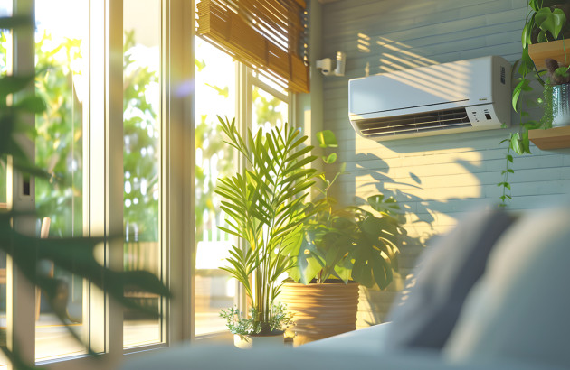Climatiseur mural dans un intérieur lumineux entouré de plantes, illustrant un confort thermique naturel.