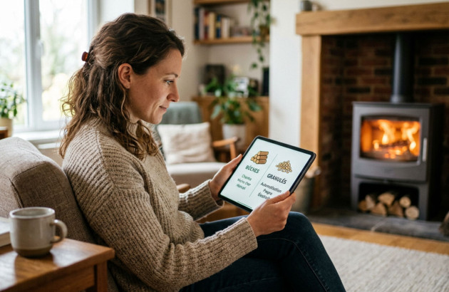 Femme assise devant son poêle à bois qui regarde une tablette qui compare bûches et granulés de bois
