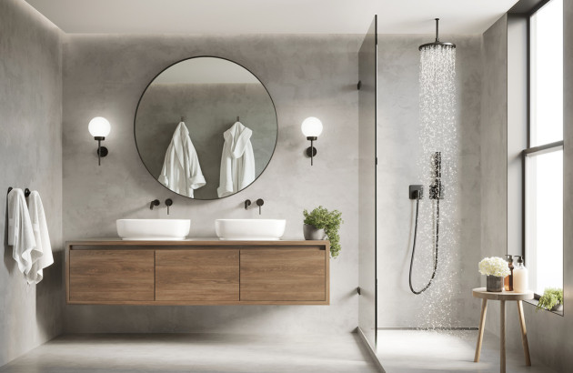 Meuble de salle de bains suspendu en bois avec double vasque et douche à l’italienne.