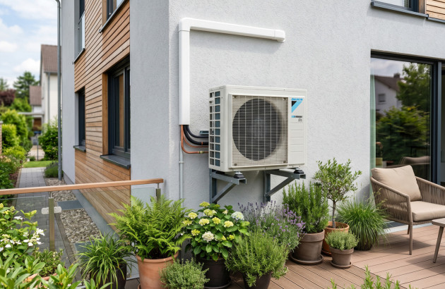 Unité extérieure de pompe à chaleur air-air sur le mur d'une maison