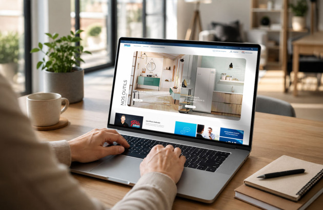 Consultation du site Espace Aubade sur un ordinateur portable pour préparer un projet d’aménagement de salle de bains.