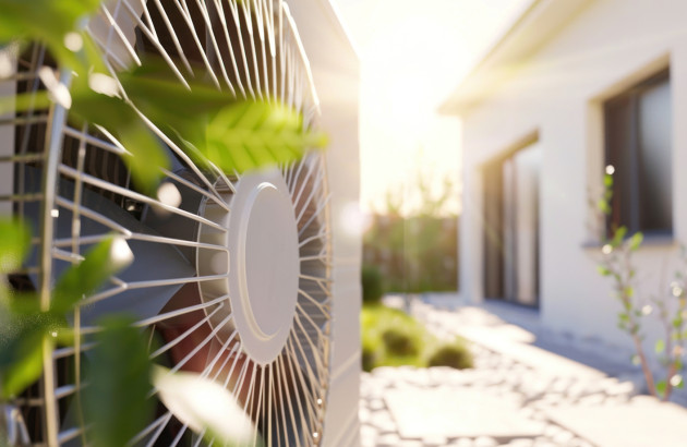 Unité extérieure de climatisation installée près d’une maison, mise en valeur par une lumière ensoleillée.