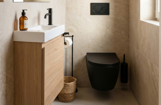 Toilettes noires avec un petit meuble de rangement